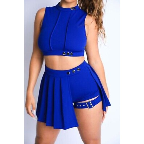 Women Sleeveless Crop top and Thigh belted Pleated Skater Skirt 2piece SET - Picture 7 of 7